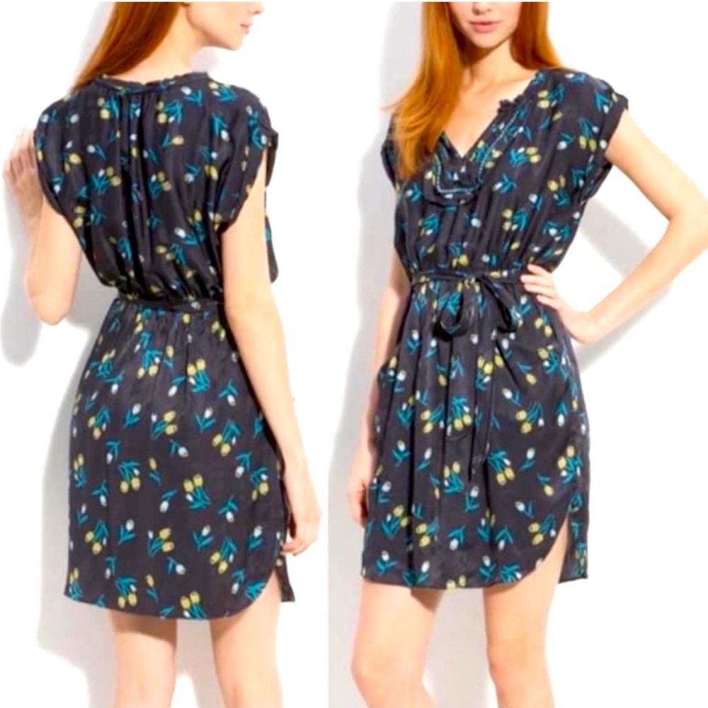 Rebecca Taylor Size 4 Blue, Yellow Silk Tulip Print Beaded Dress with Pockets